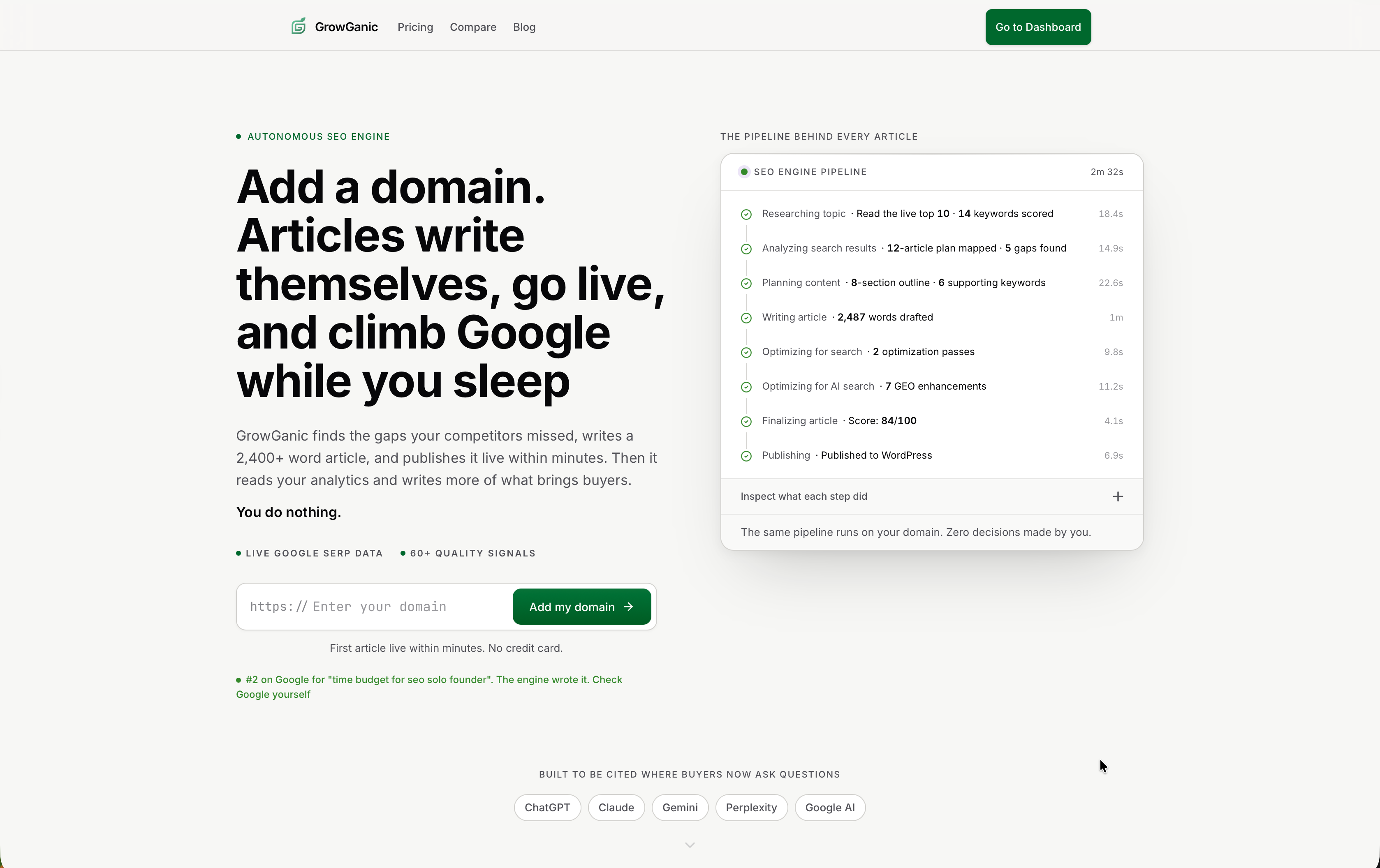 GrowGanic - Add a domain. Articles write themselves, go live, and climb Google while you sleep